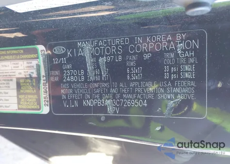 2012 Kia Sportage Lx z USA, uszkodzony, nr VIN KNDPB3A23C7269504